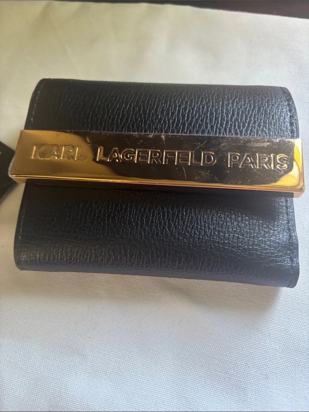 Karl Lagerfeld Black Leather Mini Wallet with Gold Logo Plaque